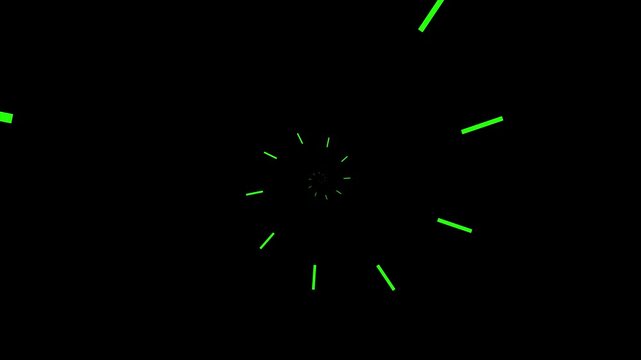 Neon green spiral tunnel pattern with fading lines on black screen. Abstract space tunnel for futuristic cosmic time travel velocity. Animated warp flight.