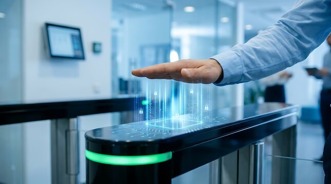 Business professional scans hand over modern electronic gate system with holographic security interface showing glowing locks and digital circuitry inside professional office workplace setup.