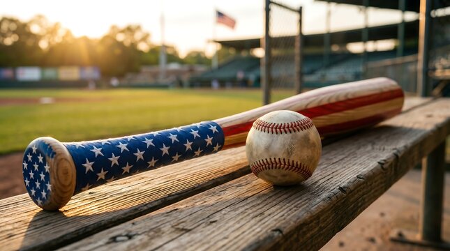 Patriotic baseball bat and ball on dugout bench 4th of july