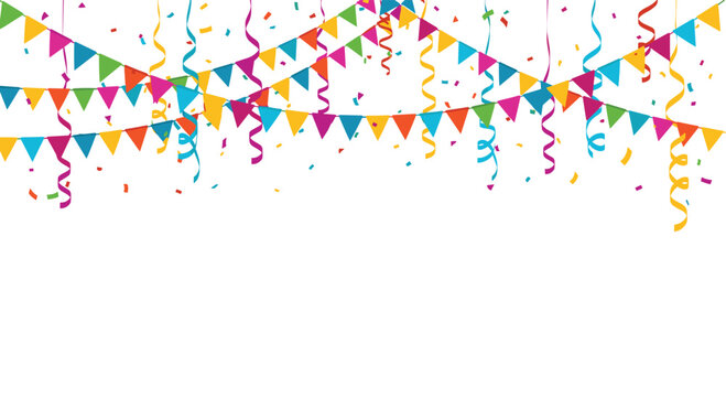 Festive party celebration background is decorated with colorful triangular bunting flags, curly streamers, and falling confetti on white.