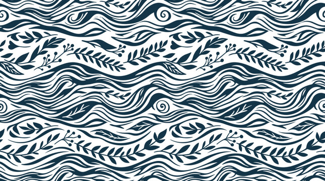 Seamless pattern with dark blue wavy lines and botanical leaf on a white background, flowing floral texture for fabric, wallpaper, or surface