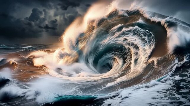Dramatic ocean storm with a massive swirling whirlpool and lightning in a dark, turbulent sky 4k video
