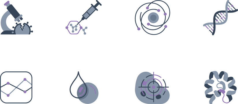Biotechnology and Scientific Laboratory Research Icon Set Featuring Microscope, Vaccine Injection, DNA Helix, Molecule Orbit, Cell Targeting, and Protein Structure