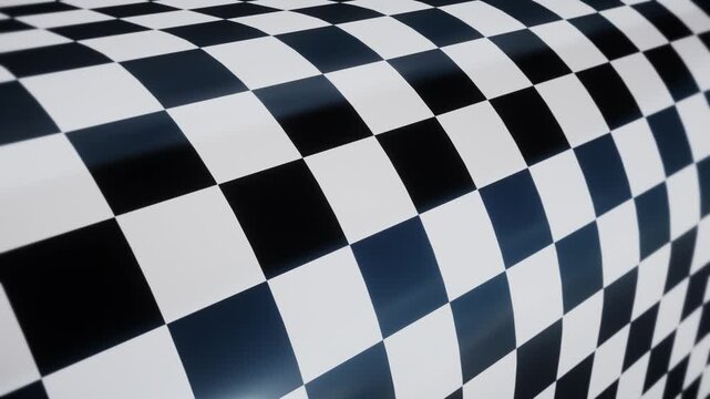 Black and white checkerboard pattern on curved glossy surface scrolling upward as a seamless loop animation, abstract grid background for broadcast, music video and creative content 16:9