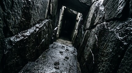 Fototapeta premium Dark narrow stone tunnel with wet footprints on the steps