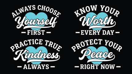 Fototapeta premium Set of four motivational quotes with light blue heart and white typography on a black background