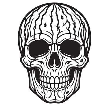 Black and white illustration of a human skull with empty eye sockets and teeth