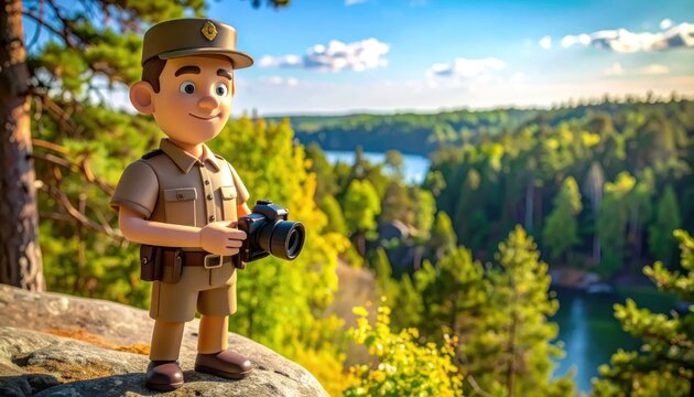 3D cartoon park ranger character in forest landscape.