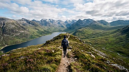 Fototapeta premium Lone hiker walking on a mountain ridge trail overlooking a lake