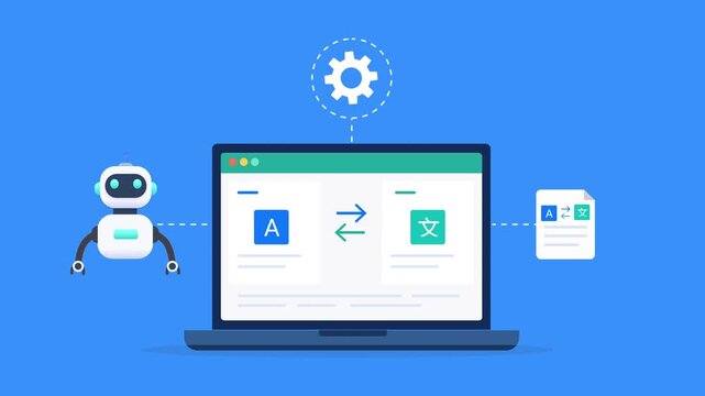 Modern flat vector animation featuring an AI assistant beside a laptop displaying a language translation interface. Ideal for multilingual communication, text conversion, localization, and automation 