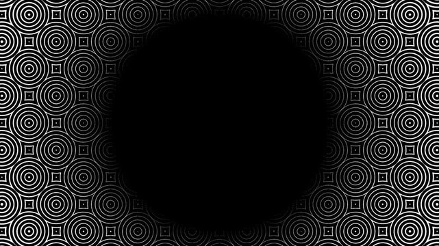 A modern minimalist frame in the form of a circle with a black space in the center. Black and white thin linear geometric frame of circles and squares. Monochrome pattern.