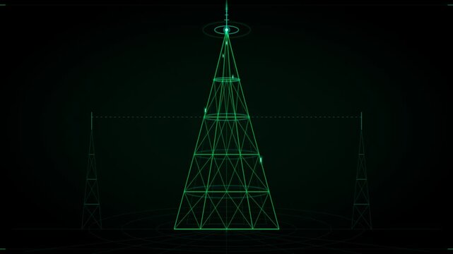 Futuristic green wireframe transmitter tower broadcasting digital signals on dark HUD screen.