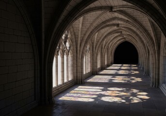 Obraz premium Gothic Stone Hallway with Sunrays through Stained Glass in an Ancient Cathedral, Representing Historical Heritage and Spirituality
