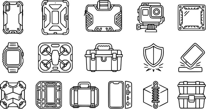Black and White Line Art Icons of Technology Devices and Protective Gear