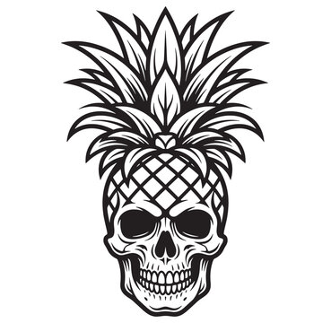 Black and white illustration of pineapple with skull face and spiky leaves on white