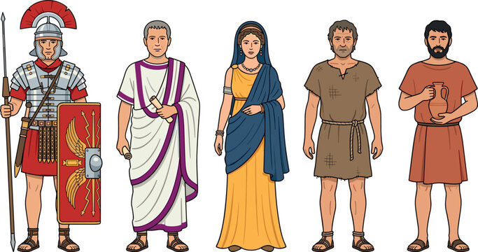 Ancient Roman People Character Set Featuring Soldier Senator Noble Woman And Plebeian Citizens For Historical Empire Civilizations And Culture Vector Designs