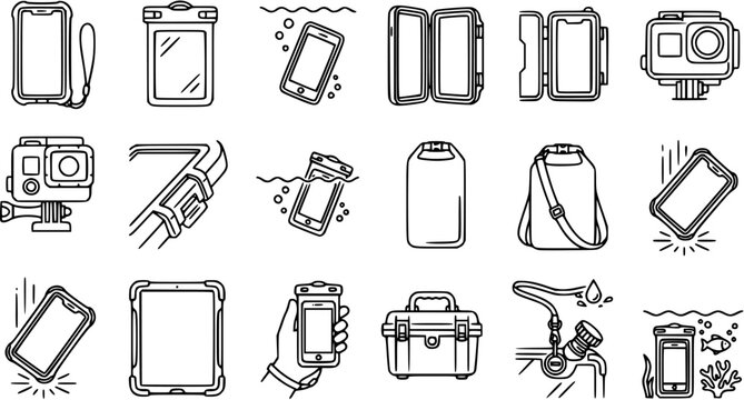 Outdoor Electronics Protection Line Art Icons: Waterproof  Rugged Cases, Dry Bags, Action Camera Accessories for Adventure  Travel Gear