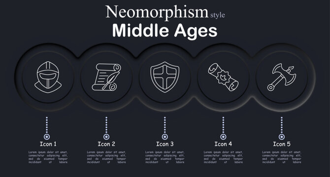 Middle ages set icon. Line icons with knight helmet, scroll document, shield emblem, sealed letter, battle axe representing medieval armor, message, protection, weapon elements.