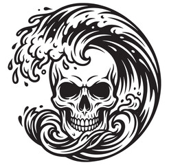 Fototapeta premium Black and white illustration of skull with wave crashing around it in ocean