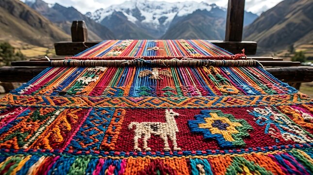 Traditional peruvian weaving on a loom with mountain background