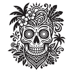 Fototapeta premium Sugar skull with floral tropical design and palm trees isolated on white background
