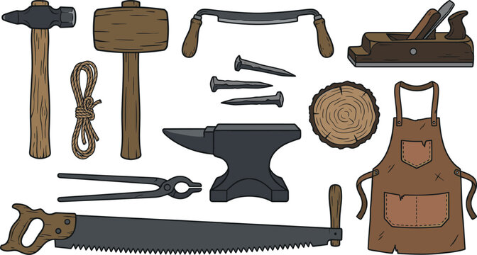 Traditional Blacksmith and Woodworking Tools Collection with Anvil Hand Saw Plane Apron Mallets and Forging Equipment Vector Set