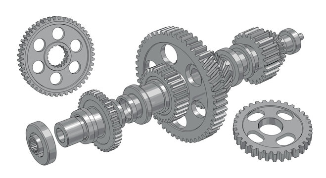 Engineering gear system with various mechanical cogs and wheels on a central shaft presented in a detailed three dimensional technical drawing.