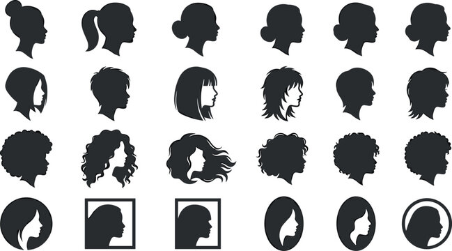 Women Hairstyle Silhouette Collection Featuring Female Profiles, Haircut Variations, Curly Hair, Beauty Icons, and Salon Branding Elements