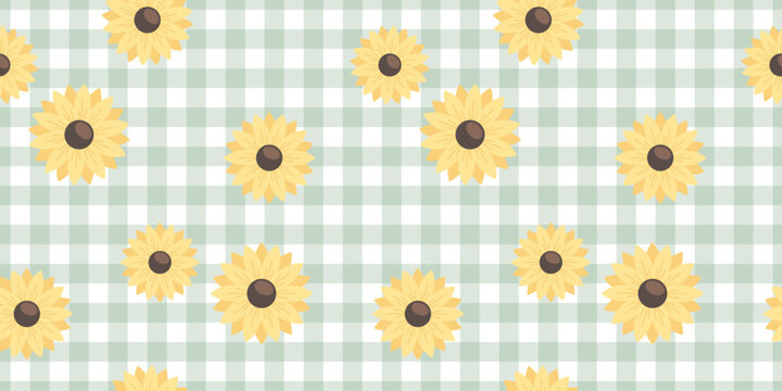 Seamless sunflower pattern with soft yellow blooms on a green gingham background. Charming rustic floral design ideal for fabric, wallpaper, wrapping paper, and home dеcor.