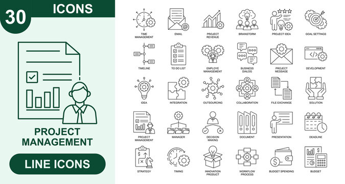 Project Management, Outline Vector Icons. Editable Stroke Icons Set. time management, email, project revenue, brainstorm, project idea, goal setting, timeline, to do list, development and more.