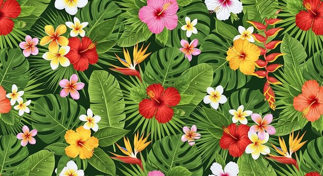 Lush tropical floral seamless pattern with hibiscus and monstera