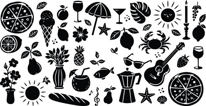 Summer Vacation and Mediterranean Lifestyle Elements Set - Minimalist Black Vector Silhouettes