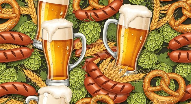 Oktoberfest seamless pattern with beer mugs sausages and pretzels