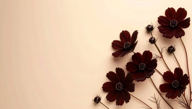 ダークレッドのコスモスの花と可憐な丸い蕾。文字入れのしやすさを想定して被写体を右寄せにレイアウトした横位置素材