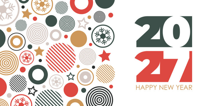 2027 New Year festive banner with color Christmas balls, circles, stars and snowflakes. White background. Vector illustration.
