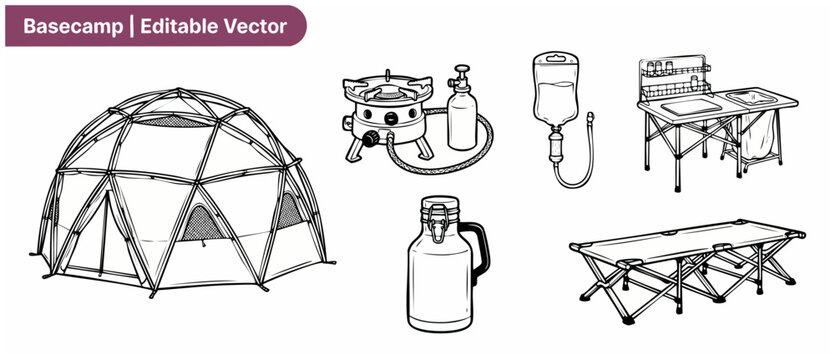 Camping gear icon set vector line art elements for outdoor adventure basecamp survival including dome tent, folding cot, portable stove, camp kitchen, flask, and medical drip bag on white background..