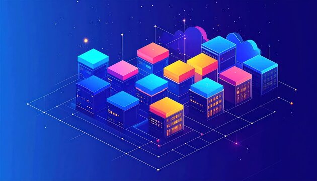 Abstract cloud database network with isometric server nodes.