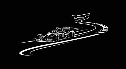 Naklejka premium Formula 1 race car on track, white outline illustration, speed, motion, black background