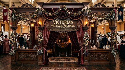 Fototapeta premium Elegant Victorian Heritage Festival Booth with Floral Garlands and Rich Drapery
