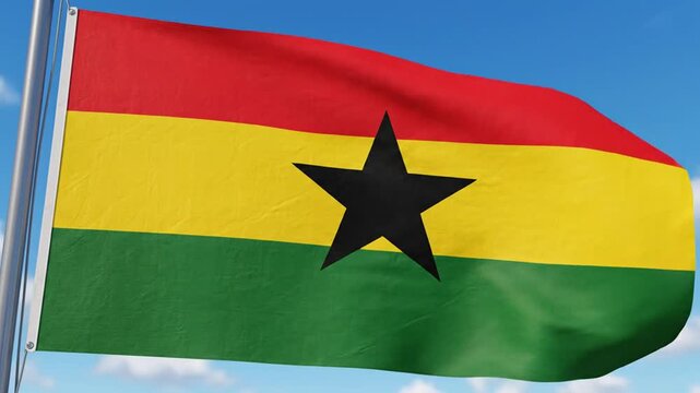 Vibrant tricolor flag with black star waving against bright blue sky and clouds