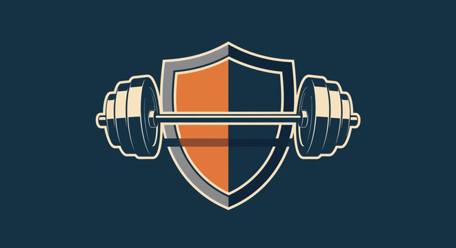 Barbell and Shield Emblem: Strength, Protection, Fitness, Gym, Workout, Sports