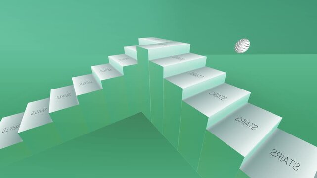 Abstract stairs ascending with two floating spheres against a pastel green background