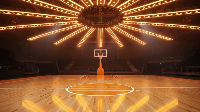 Empty basketball court with a unique circular lighting arrangement in a modern indoor arena 4k video