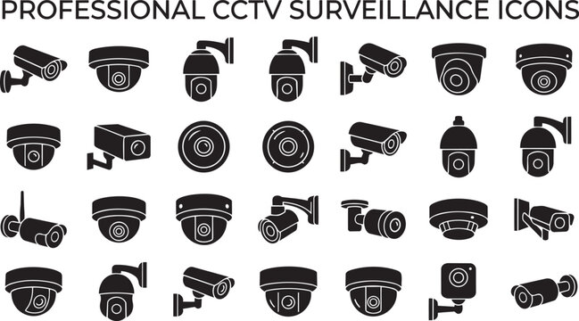 Professional CCTV Surveillance Icons: 20 Black Vector Security Camera Silhouettes
