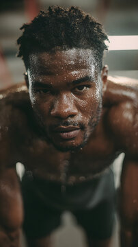 Focused black man doing burpees in gym with sweaty face