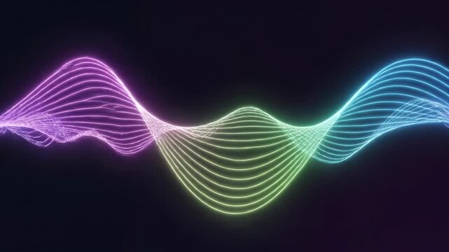 Abstract neon wave background with cyan and purple gradient light trails, glowing energy lines, and sinusoidal oscillations on a dark black field for digital media.