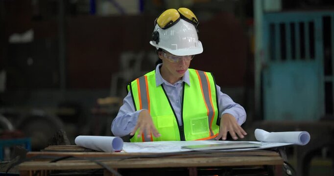 Railway engineer studies blueprints and inspect locomotives in a train maintenance depot, wearing safety helmets and reflective vests in an industrial workshop.

