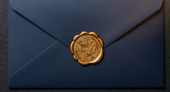 Dark blue paper envelope with a gold wax seal illustration