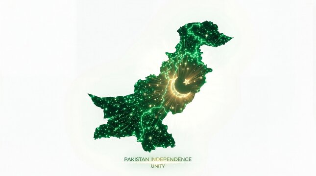 Pakistan independence day map with glowing green lights, national flag crescent and star on white background, patriotic celebration graphic