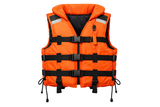 Orange life jacket safety vest with black straps, flotation device gear for boating, water rescue and marine safety isolated PNG with Transparent Background